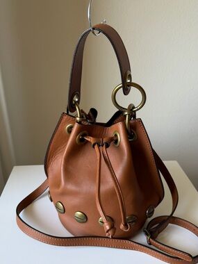 Valentina Fiore Made in Italy Cognac Leather Studded Bucket Bag Crossbody Purse
